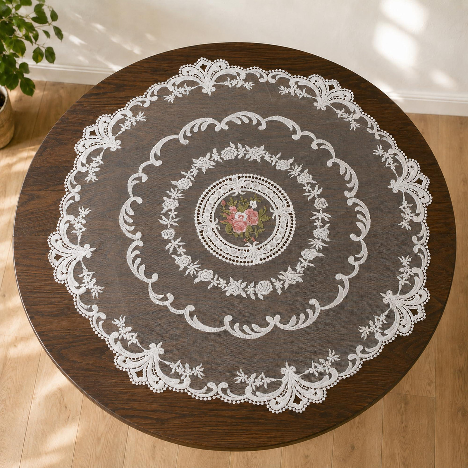 Dripio Tafelkleed voor volwassenen, wit met bloemenmotief, Diameter: 60 cm