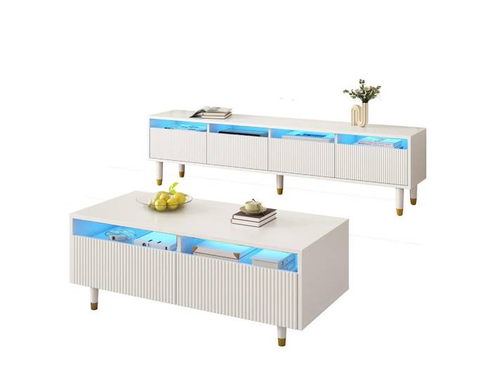 Modfu Couchtisch aus MDF 178x35x45 cm in Weiß mit LED-Beleuchtung & 2 Schubladen, 35x45x178 cm, Wohnzimmer, Wohnzimmertische, Couchtische