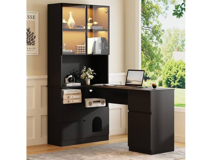 WOVREO Bureau d'angle 120 x 80 x 180 cm avec bibliothèque vitrine LED 7 couleurs 3 tiroirs noir