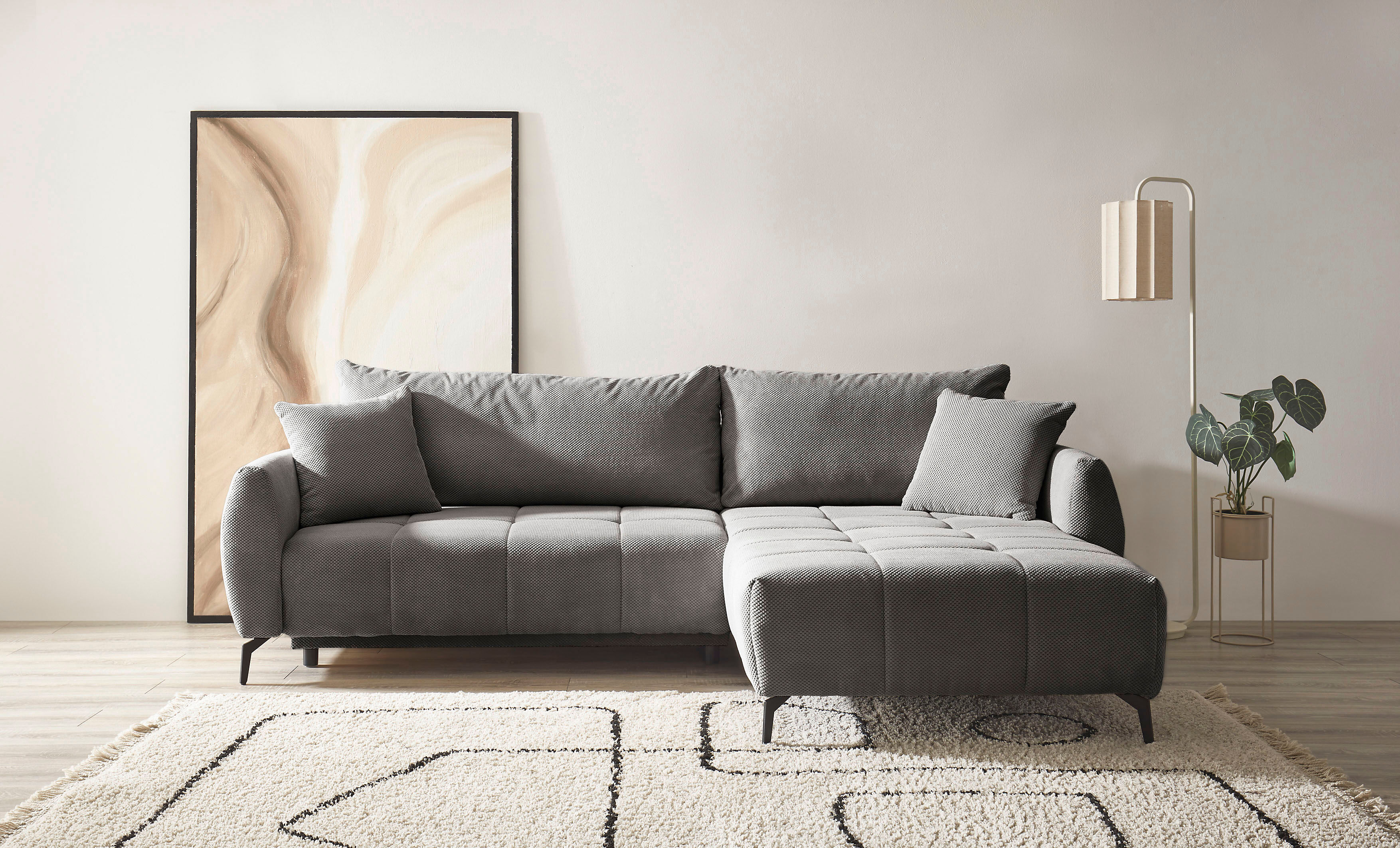 Ecksofa GOODPRODUCT "JINNIE Webstoff, L-Form, Polsterecke m. Schlaffunktion", mittelgrau, B:287cm H:94cm T:197cm, Sofas, Ecksofa, Recamiere links/rechts montierbar, als Webstoff oder Chenille-Stoff mittelgrau B/H/T: 287cm x 94cm x 197cm, Webstoff, Recamie