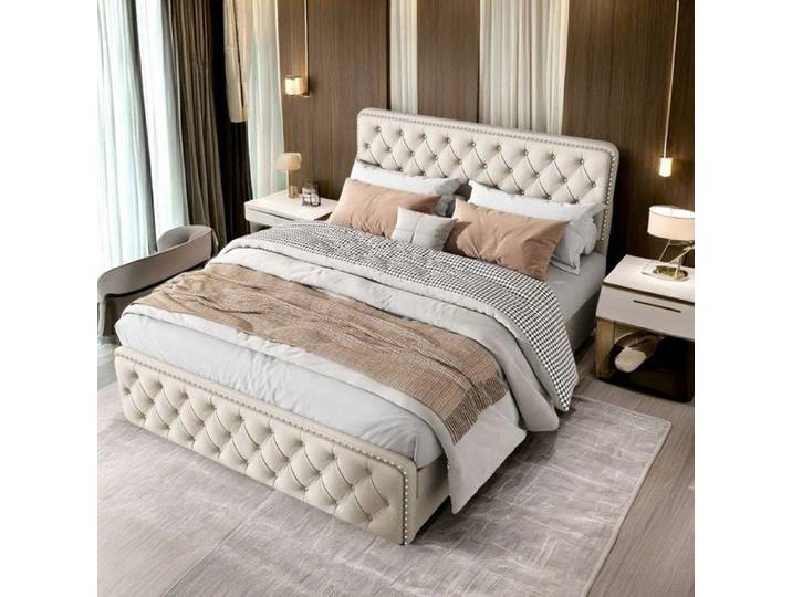 Lit capitonné Lit adulte 140 x 200cm Lit rangement - 4 tiroirs Tête de lit et lattes - Chambre des maîtres ou chambre d'amis beige