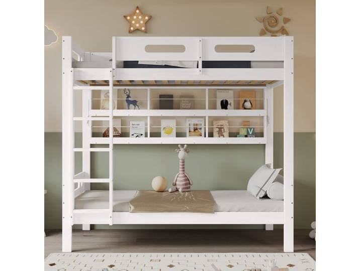 Lit superposé enfant - SOGEU - lit superposé cabane - 90x200 - étagères latérales - garde-corps sécurité