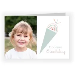 Einladungskarte Einschulung: Schultüte mit Herz mit Fotos in Weiß