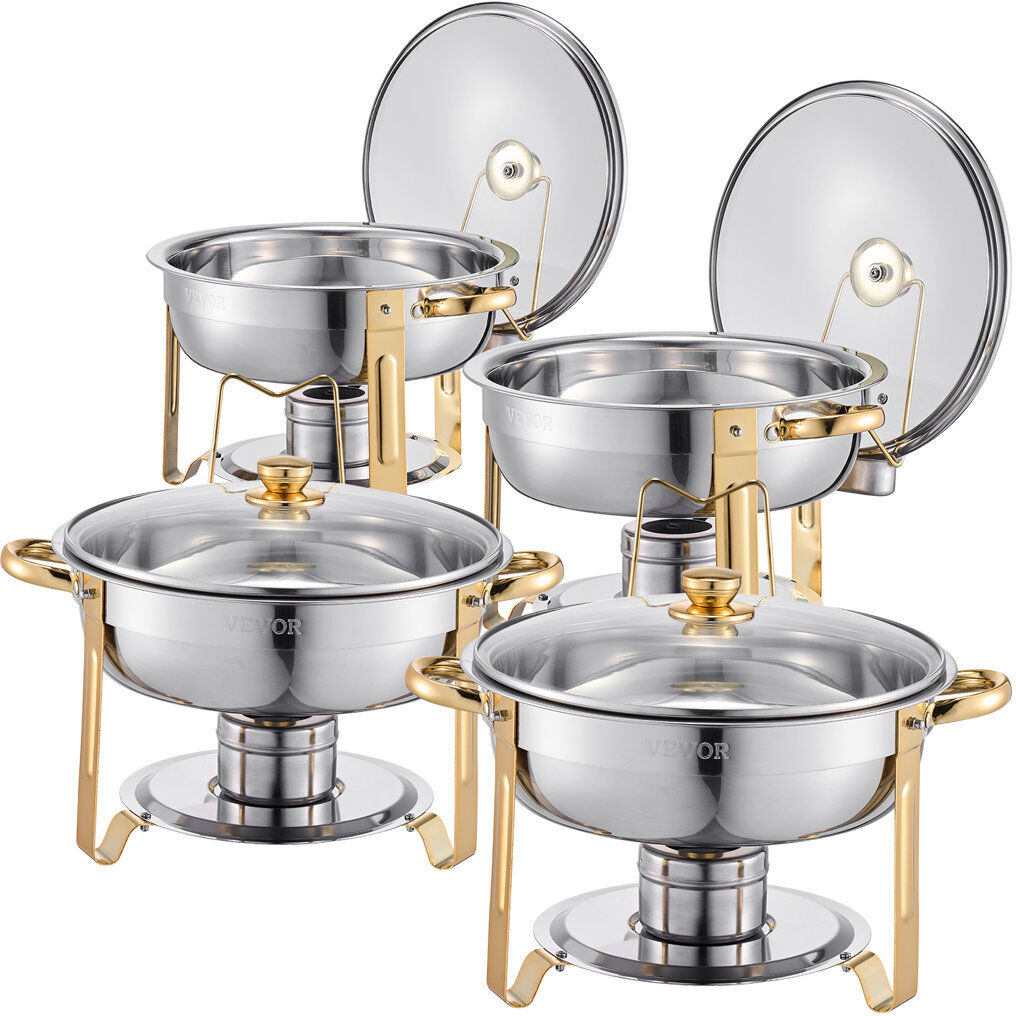 VEVOR 5 Qt Round Chafing Dish Buffet Set Full-Size Pan Stainless Steel Gold 29cm H X 34cm D