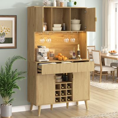 GREATPLANINC Tall Kitchen or Wine Bar Cabinet with LED Light and Power Outlet