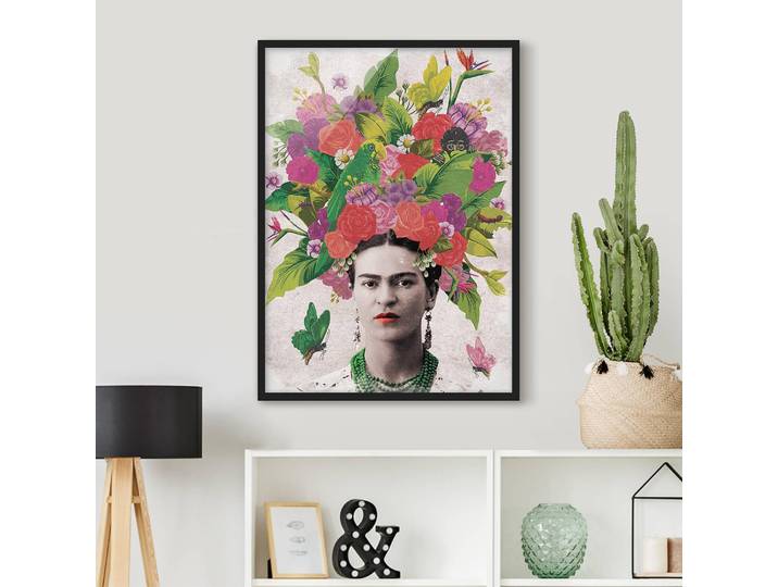Bild Frida Kahlo Blumenportrait Papier Rahmen: Echtholz, furniert: Kiefer Rot 70 x 100cm