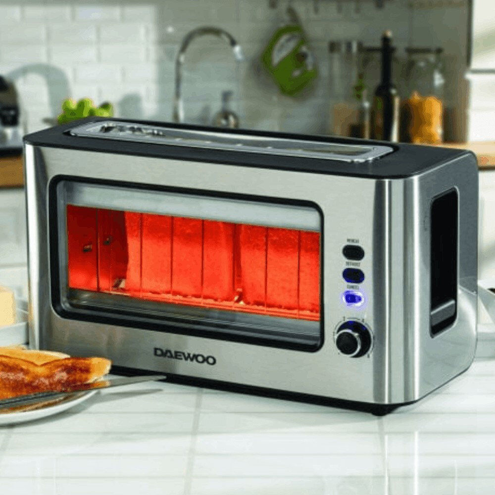 Daewoo 1.7L 3000W Matching Glass Kettle And Toaster Set 2 Slice Stainless Steel Clear See Through Illuminating LED Ring Clear;Black;Silver 1.5L