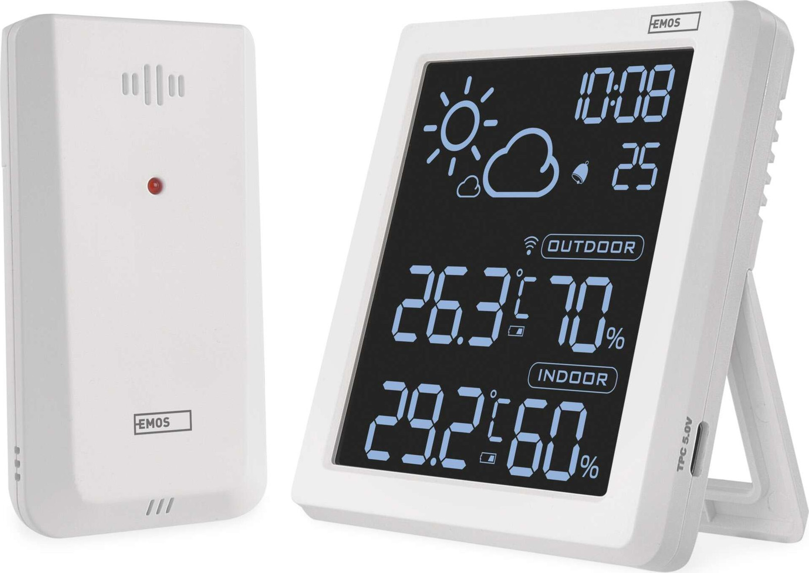 Emos weerstation E8647W met VA-display, draadloze buitensensor en weersvoorspelling, wit
