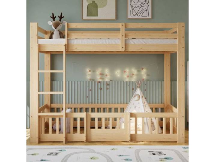 Lit Superpose 90x200cm - Pin/LVL Naturel Escalier Angle Droit + Rampe/porte Scurit Antichute -Lit enfant
