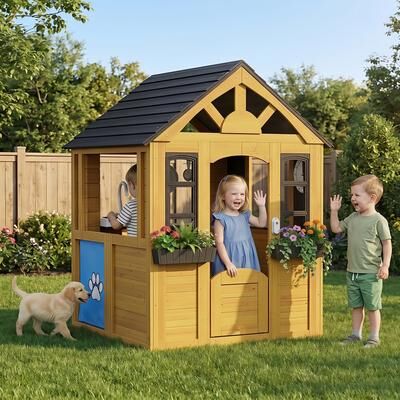 AOXUN Kids Wooden Outdoor Cottage Playhouse, Outdoor Playhouse with Table Ser, Service Station