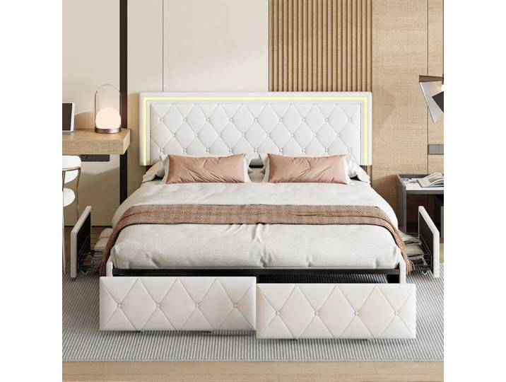 Lit 160×200 cm avec led et 4 tiroirs – lit Queen 160×200 cm avec sommier à lattes – lit double 160×200 cm – tissu en PU