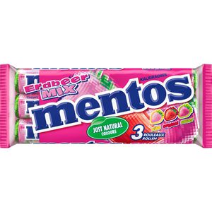 Mentos Kaubonbons Erdbeer Mix Dragees, 3 Rollen, mit Fruchtgeschmack, je 37,5g, 14 Stück