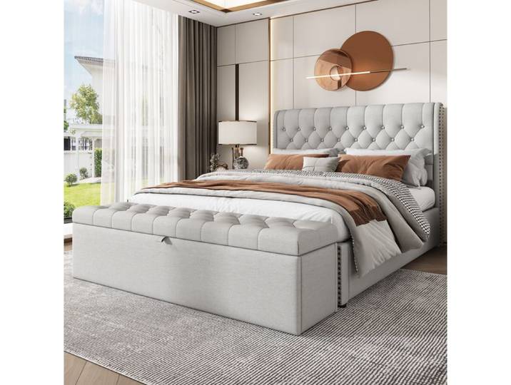 Bout de lit banc coffre rembourré avec rangement capitonné tissu aspect lin gris clair 141 × 41 5 × 42 cm - UVRION