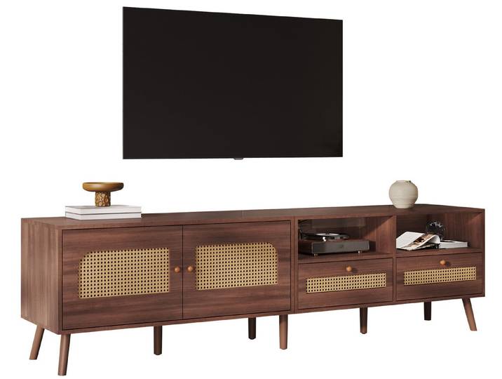 SeedWave Lowboard Retro TV-Schrank Fernsehschrank mit 2 Rattantüren, 2 Schubladen, Rechteckiges TV-Lowboard mit 2 offenen Ablagen, Kabeldurchführung