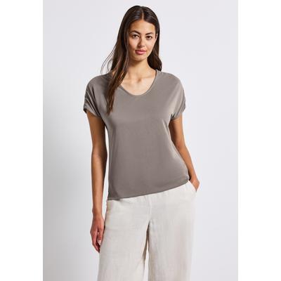 T-Shirt STREET ONE, Damen, Gr. 34, beige (schwarz tumbled beige), Stoff, 75% Modal, 25% Polyester, unifarben, normal normal, V-Ausschnitt, abgesteppt, Shirts T-Shirt, Feel Good Fit