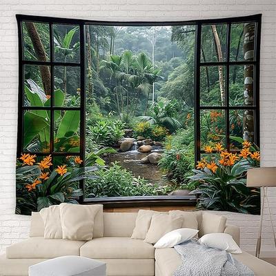 Wasserfall-Natur-3D-Fensterblick-Wandteppich, tropischer Wald, grüne Landschaft, Stoffkunstposter, Heimdekoration, Wandkunst-Hintergrundstoffposter