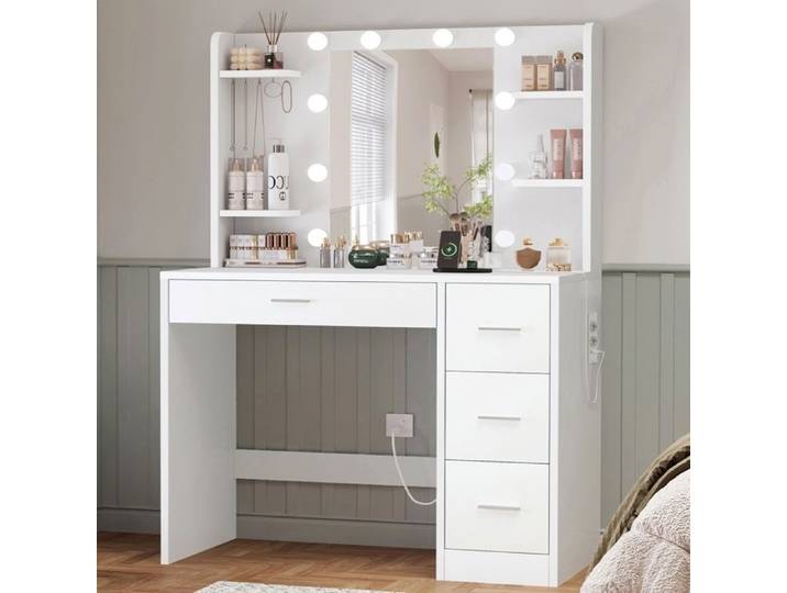 TEENFON Coiffeuse avec éclairage LED et 4 tiroirs Coiffeuse avec station de charge 85*40*135cm Blanc