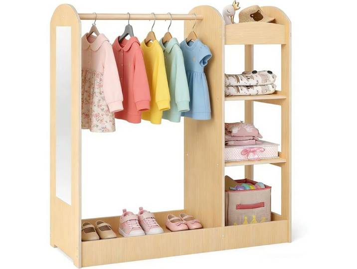 DREAMADE Portant enfant avec miroir et étagère 93 5 x 38 x 100 cm MDF et bois de pin Rose/Blanc