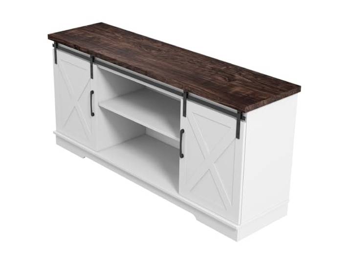 Litake Landhaus-TV-Stand für 65 Zoll mit Schiebetüren, Stauraum & Regalen Modernes TV-Möbel in Weiß/Braun Kontrast für Wohnzimmer für Fernseher bis zu 65 Zoll, Eignet Sich als Stauraum 70x40x150 cm