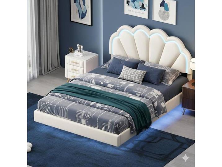 Lit 140x200cm - Cadre de Lit 140 - Lit Double Flottant avec LED RGB - Design Coquillage - Sommier Incluse - Velours Beige