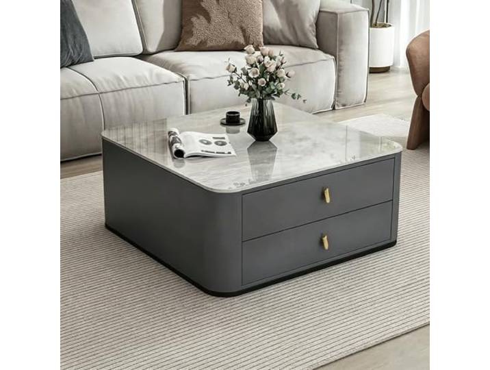Moderner quadratischer Sinterstein-Couchtisch mit Stauraum für Wohnzimmer Sintersteinplatte, kompaktes quadratisches Design, integrierte Schublade für Wohnzimmer & gehobene Innenräume(D,60cm/23.6in)