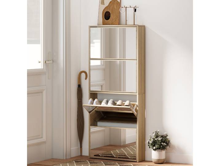 HOMCOM Meuble à Chaussures Miroir 4 Portes Bois 63x17x146cm