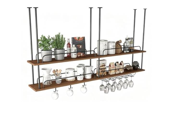 Gaommini Deckenhängendes Weinregal mit Stielglasregal, hölzerner Weinflaschenhalter für Bar-Küchen-Oberschrank, schwebende Pflanzenregale – Eisenrahmen(2-TIER-150x30x80cm)