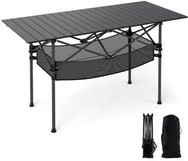 Costway Patio Folding Camping Table with Roll-up Tabletop and Mesh Basket-Black
