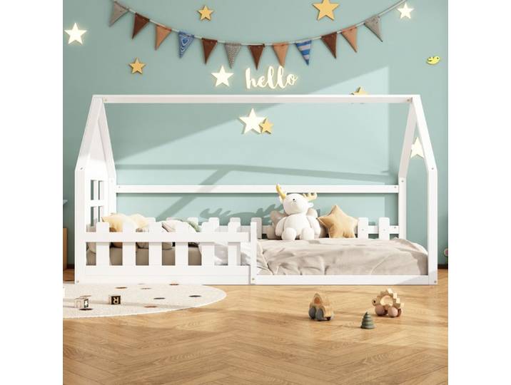 Lit enfant 90x200 cm lit plat lit cabane avec barrières de sécurité pin - blanc