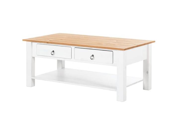 möbelando Couchtisch >Tine< Couchtisch Tine aus massivem Kiefernholz in Weiß mit 2 Schubladen, antiken Messingringen und Holzoptik-Tischplatte, 110x45x60 cm, belastbar bis 100 kg