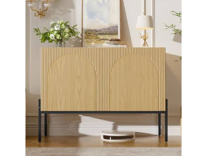 DUlVBPE Sideboard mit 2 Türen und Metallbeinen, Buffet, Kommode mit bogenförmigem Linien-Design, moderner minimalistischer Stil, Natur, Maße: B 100 cm/H 75 cm/T 40 cm