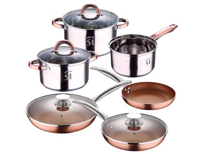 San Ignacio Kochgeschirr-Set Onil , 5 Stück, aus Edelstahl + Set mit 5 Pfannen aus gepresstem Aluminium