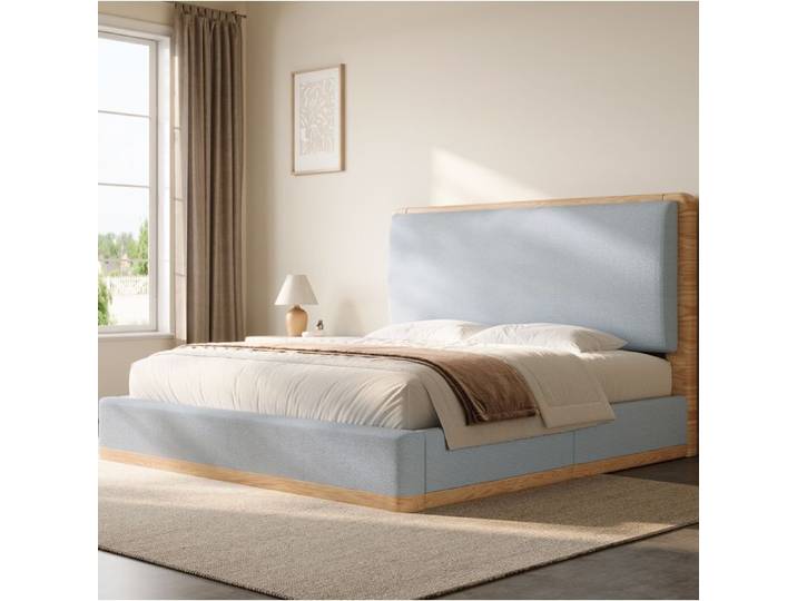 MEUBLIV Lit plateforme rembourré 140 x 200 cm avec tête de lit sommier à 10 lattes gris et ton bois naturel