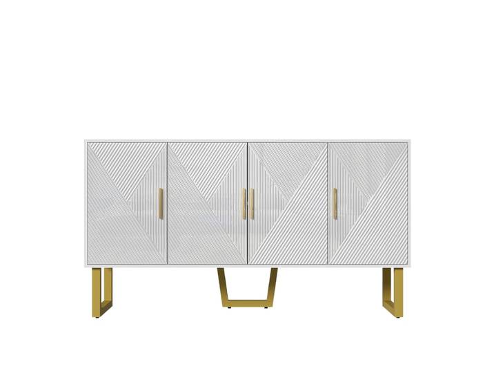 Console blanche et dorée en bois avec 4 portes design géométrique