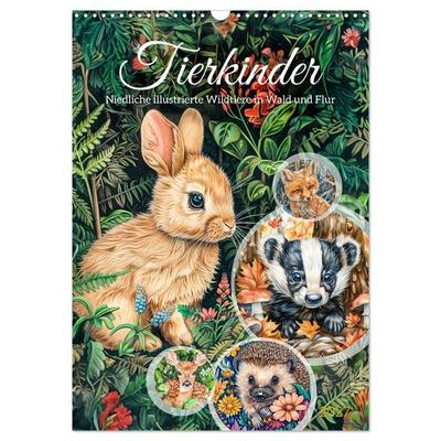 Tierkinder - Niedliche illustrierte Wildtiere in Wald und Flur (Wandkalender 2027 DIN A3 hoch), CALVENDO Monatskalender