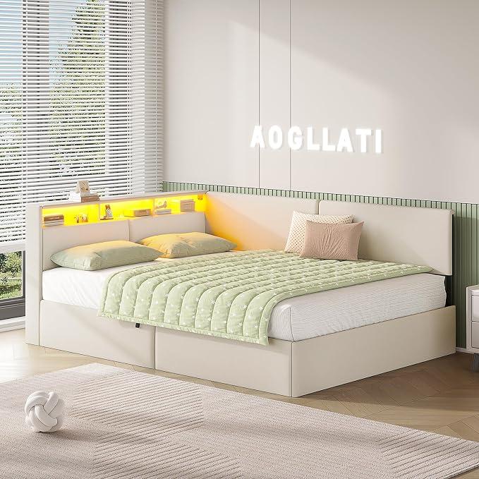 Polsterbett Schlafsofa 140x200 mit USB-Steckdosen & hydraulischem Stauraum, Betten 140x200 mit LED-Kopfteil & Lattenrost, Kinderbett Tagesbett, Doppelbett, Leinen, Beige (ohne Matratze)