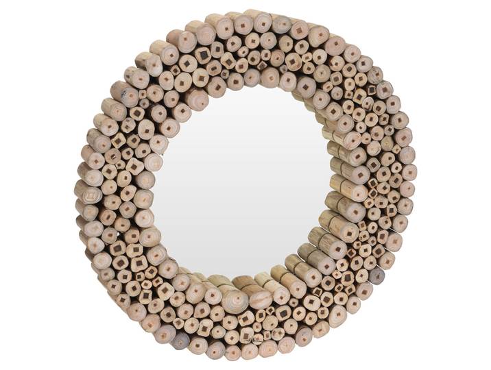 Spiegel mit Teakholz, Wandspiegel mit Teakholzstücken, vertikal, braun, Ø 50 cm