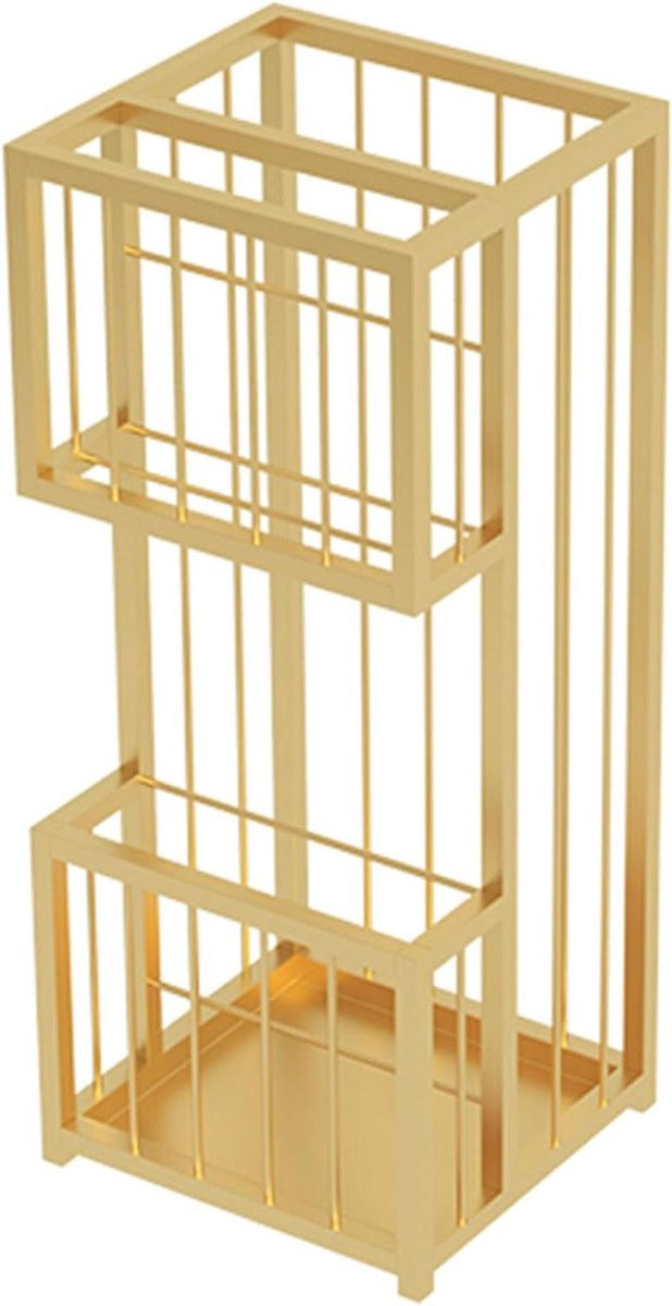 Gouden metalen paraplustandaard met dubbellaagse opbergruimte, 20 x 20 x 50 cm