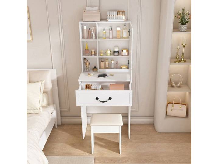 Bladez - Coiffeuse avec miroir LED dimmable Compacte avec rangement caché avec tabouret rembourré design moderne Blanc