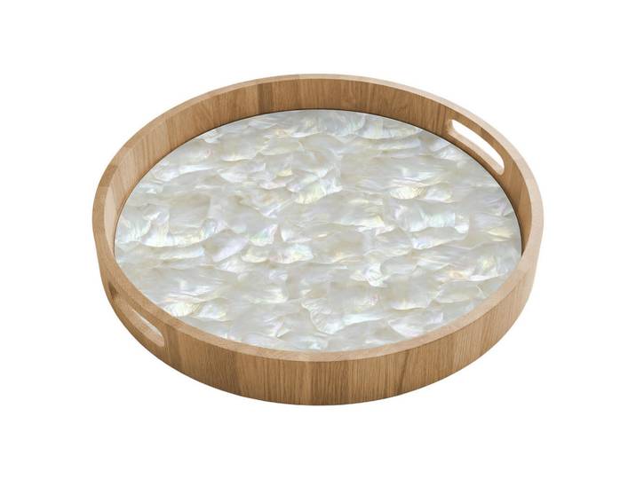 OnlyWow Tablett - Perlglanz - Weiß - Muschel - 40x40 cm, Holz, Echtholz,Eiche, Rund, 40x5x5 cm, Geschirr, Tischkultur & Serviergeschirr, Tabletts
