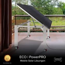BLACKGLAS SolarTisch ECOpowerPRO 445Wp Solar Tischplatte, 7-stufig verstellbar, 80x80mm Tischbeine mit Rollen