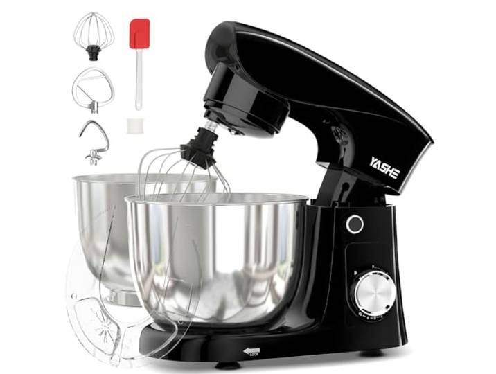 YASHE Küchenmaschine 1500W, 4,5 + 5L Edelstahlschüsseln 10+P Geschwindigkeiten, Kippkopf, mit Knethaken, Rührbesen und Schneebesen, Multifunktionale Küchenmaschine, Schwarz