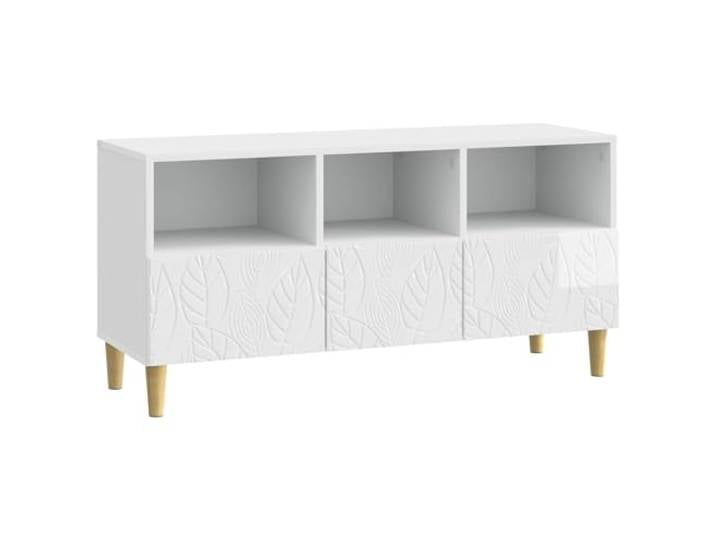 KGHERMDF TV-Schrank 102 x 34,5 x 50 cm Hochglanz Weiß Holzwerkstoff, Eukalyptusbeine, offenes Design, Stauraum für Spielkonsolen und Fernbedienungen