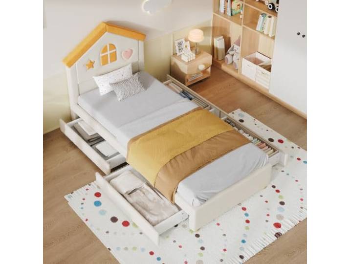 DUlVBPE Kinderbett 90x200 cm Hausbett Polsterbett in Beige, Kinderbett mit 4 Schubladen, Stauraumbett für Kinderzimmer, Jugendbett mit französischem Samt, gepolstertes Bett mit Haus-Kopfteil