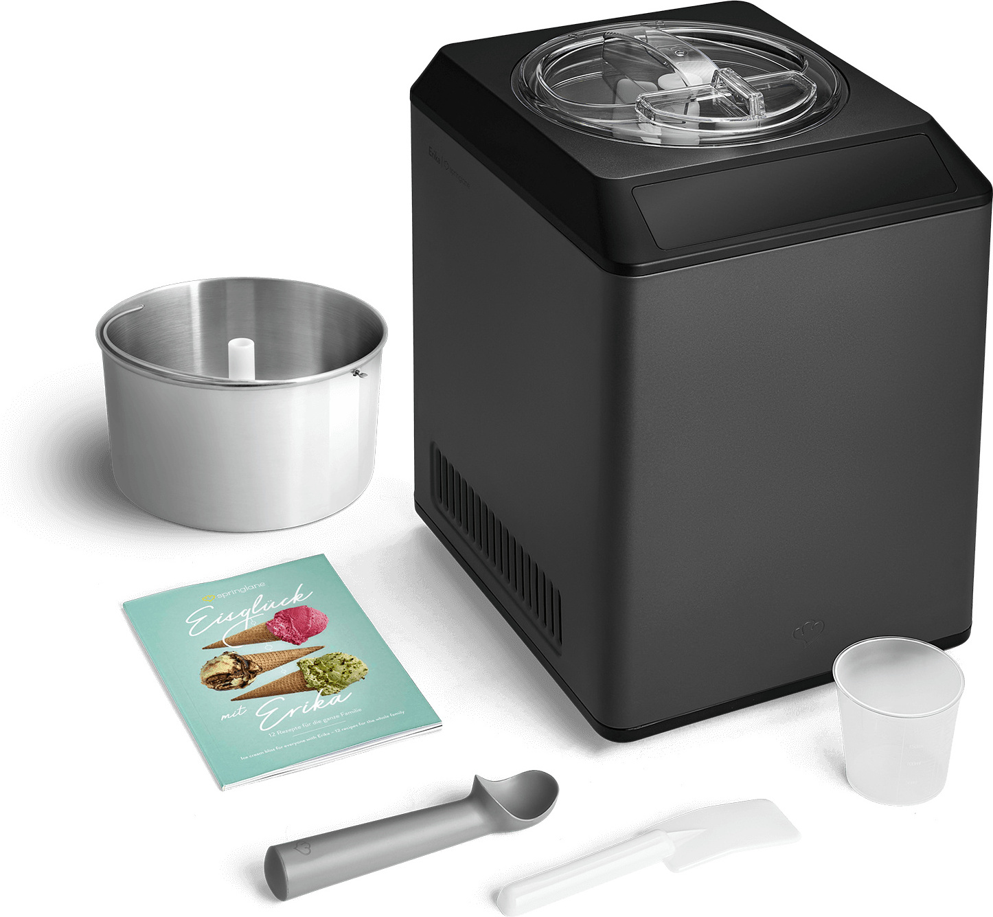 SPRINGLANE Eismaschine & Joghurtbereiter Erika 2,5 L mit selbstkühlendem Kompressor 250 W, Edelstahl, inkl. Rezeptheft + Zusatzbehälter Edelstahl