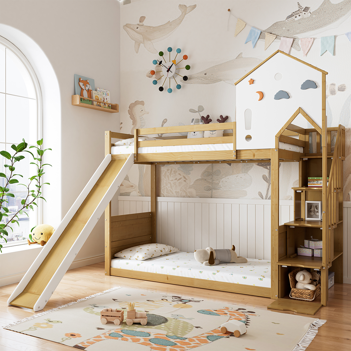 Etagenbett mit Ecktreppe Dach Fenster Schließfächer und Rutsche Kinderbett Hausbett Kiefer+MDF Weiß+Natur 90x200cm