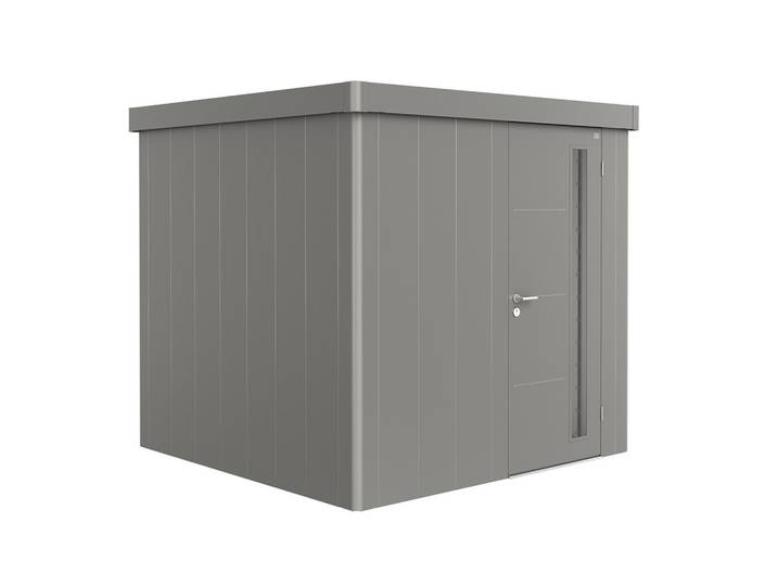 Biohort Gerätehaus Neo, Dunkelgrau, Metall, 180x222x180 cm, Made in Austria, Qualität aus Österreich, innenseitige Entriegelungsmöglichkeit, Schrauben und Scharniere aus Edelstahl, wartungsfrei, Dachvorsprung, Türe mit Gasdruckfeder, umfangreiche Grundausstattung, integrierter Wasserablauf, innenseitige Holzdecke, 3-fach Verriegelung mit Edelstahl-Drückergarnitur, Gartenzubehör, Geräteschuppen