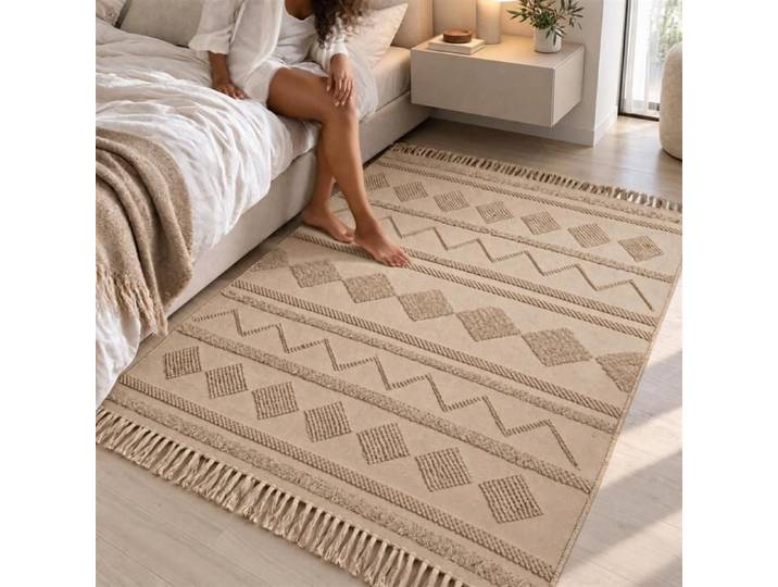 Tapis - THE WHITE STONE - Berbère en relief - 100% coton - Antidérapant - 120x180 cm