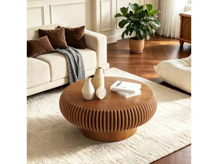 LOVEHOUGES Runder, moderner Couchtisch mit geriffelter Oberfläche Massives Holzfurnier, stabiler Sockel, einzigartiger, handgefertigter Teetisch aus Holz, einfache Montage