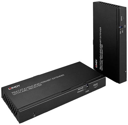 LINDY 70m Cat.6 HDMI 4K60, Audio, IR & RS-232 HDBaseT Extender mit ARC HDMI, Infrarot, RJ45, Toslink Extender (Verlängerung) 70m